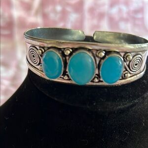 Boho Tribal Statement Cuff Bracelet – Silver-Tone with Blue Cabochons